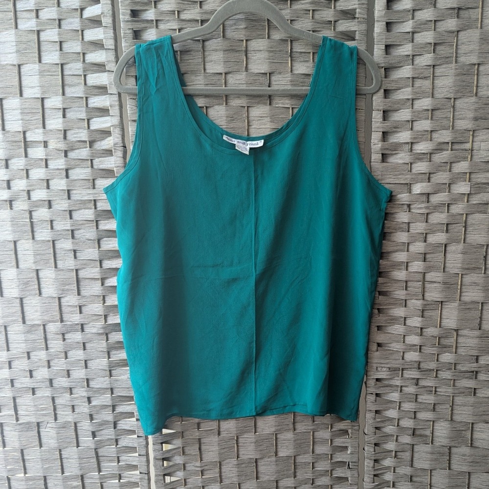 Vtg Tank Top Teal Green Shell 100% Silk Scoop Neck Sz L Capsule Quiet Luxury